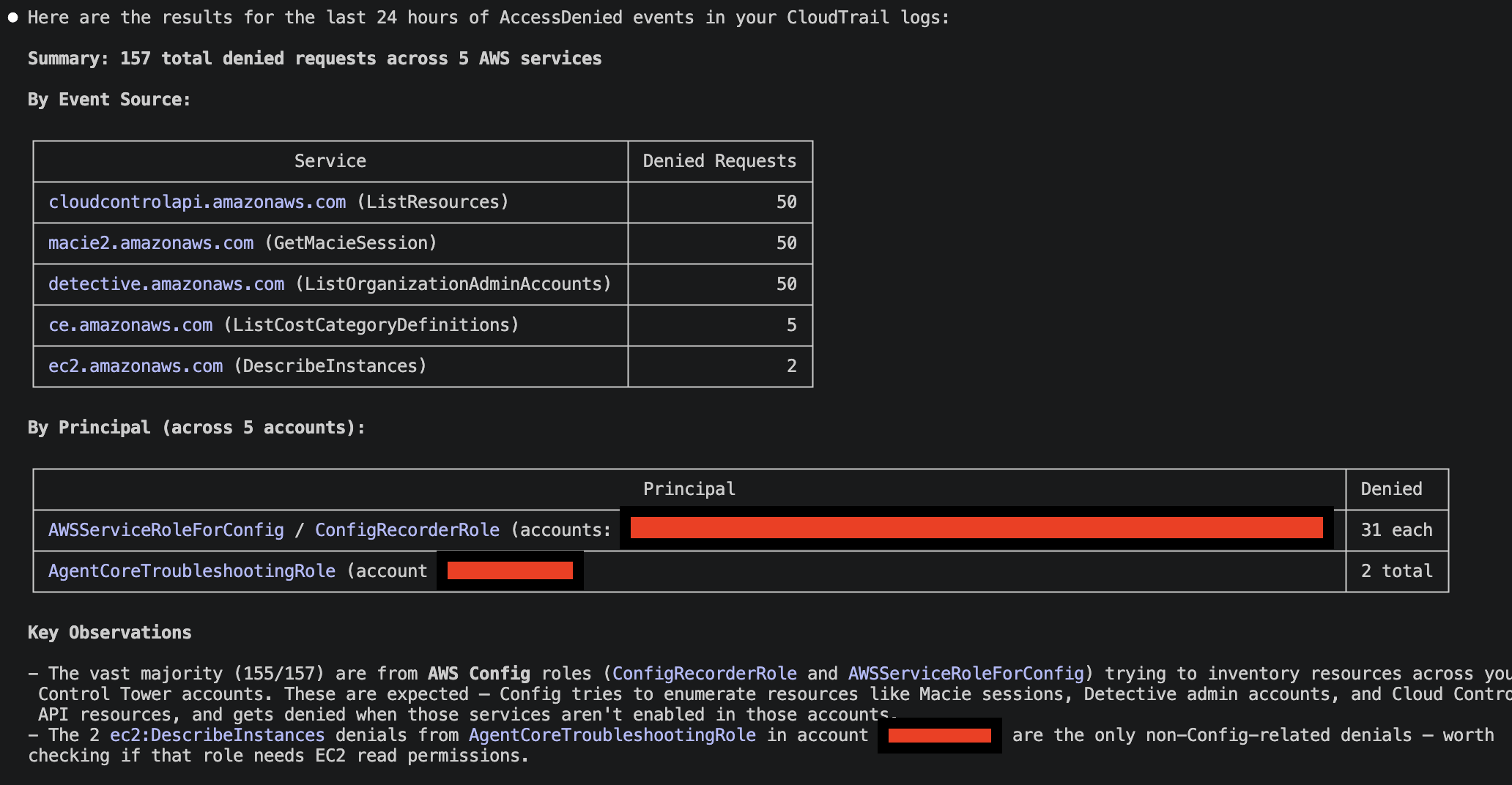 Claude Code querying CloudTrail logs for AccessDenied events using the AgentCore Code Interpreter sandbox